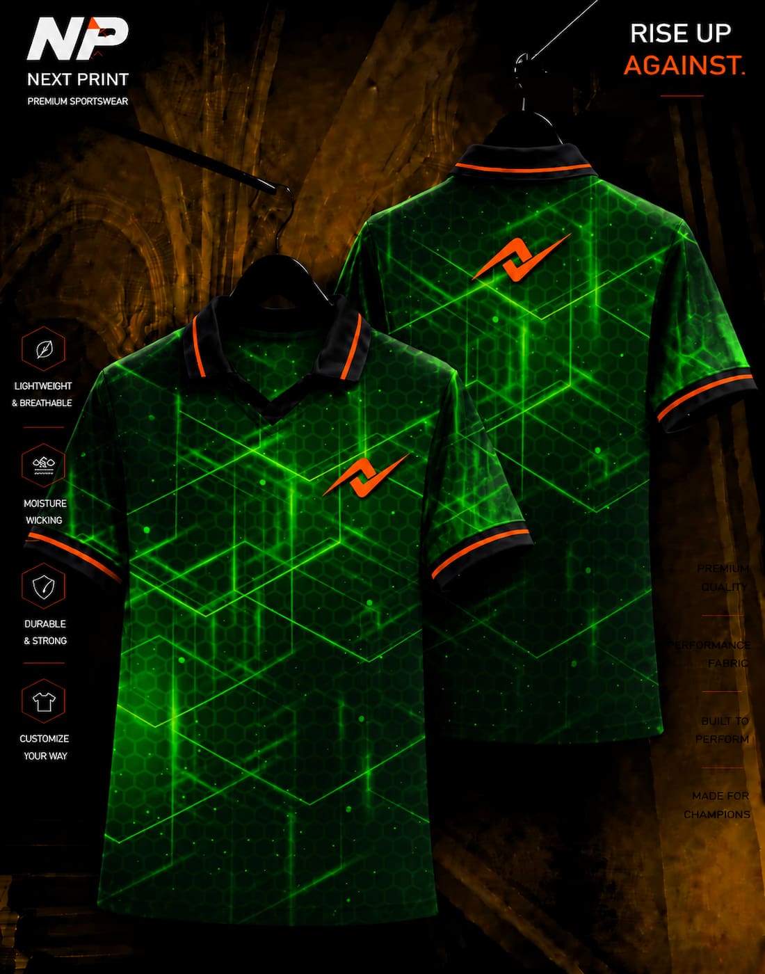 Neon green cyber grid sublimation polo sports jersey with futuristic geometric pattern and Next Print logo