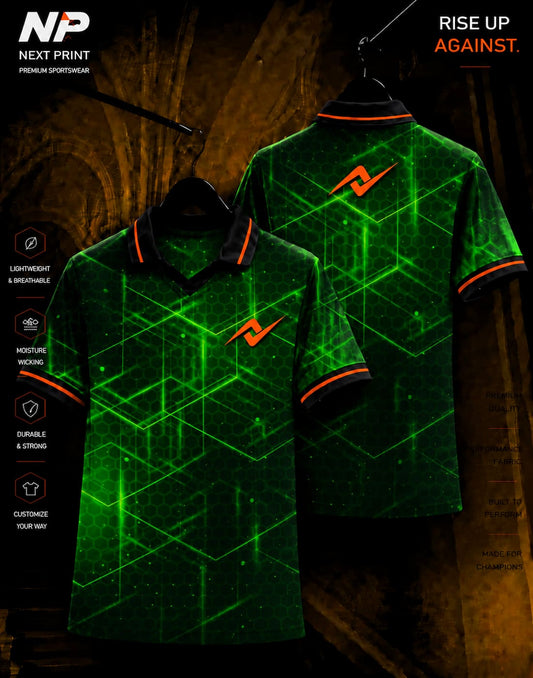 Neon green cyber grid sublimation polo sports jersey with futuristic geometric pattern and Next Print logo