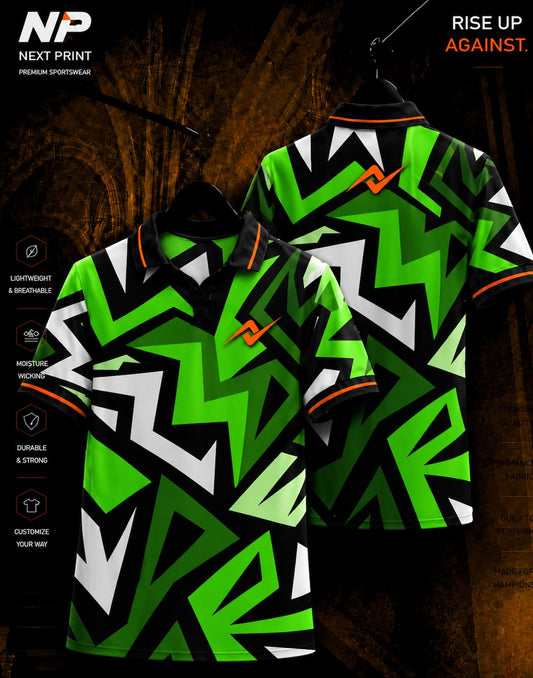 Neon green black and white geometric abstract polo sports jersey front and back by Next Print