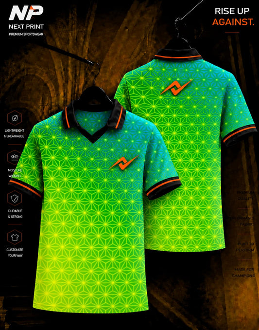 Neon green and turquoise geometric star pattern polo sports jersey with black collar and orange accents by Next Print