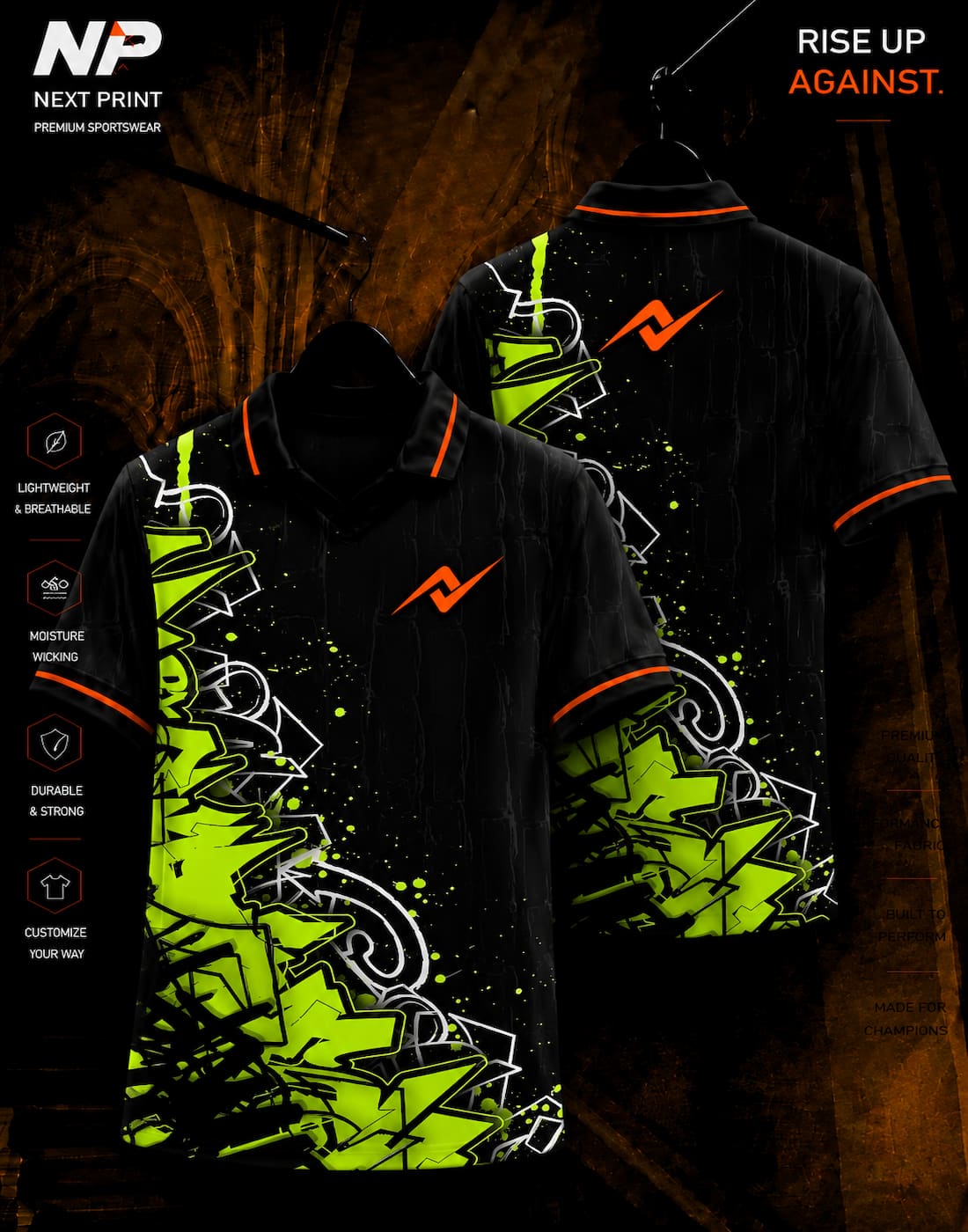 Neon green and black graffiti custom polo sports jersey with front and back view by Next Print
