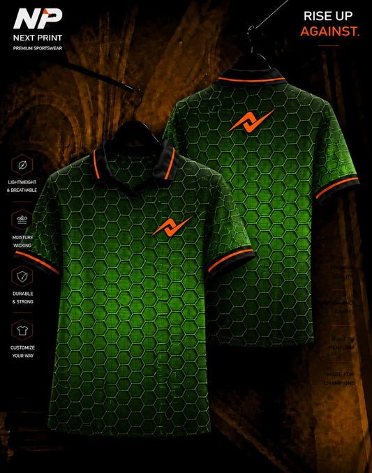 Neon green and black hexagonal honeycomb sublimation polo sports jersey by Next Print