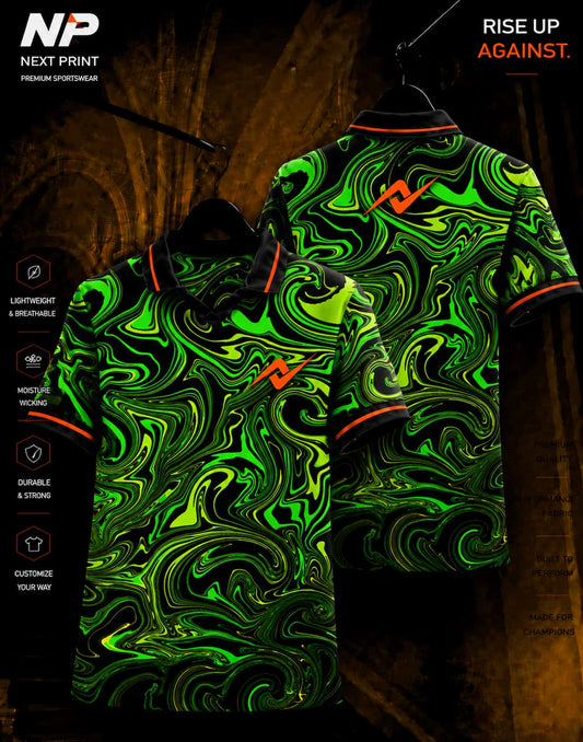Neon green and black liquid marble sublimation polo sports jersey front and back by Next Print