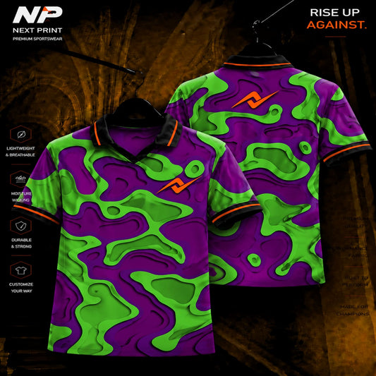 Neon green and purple abstract camo sublimation polo sports jersey by Next Print shown in front and back view