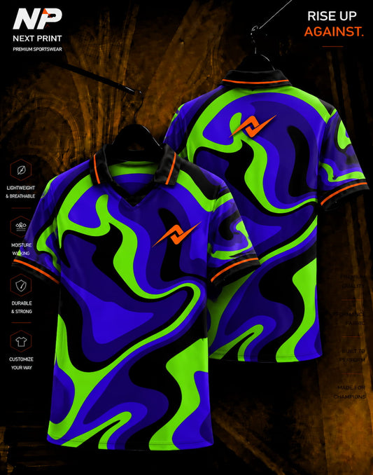 Neon green purple and black abstract wave sublimation polo sports jersey front and back by Next Print