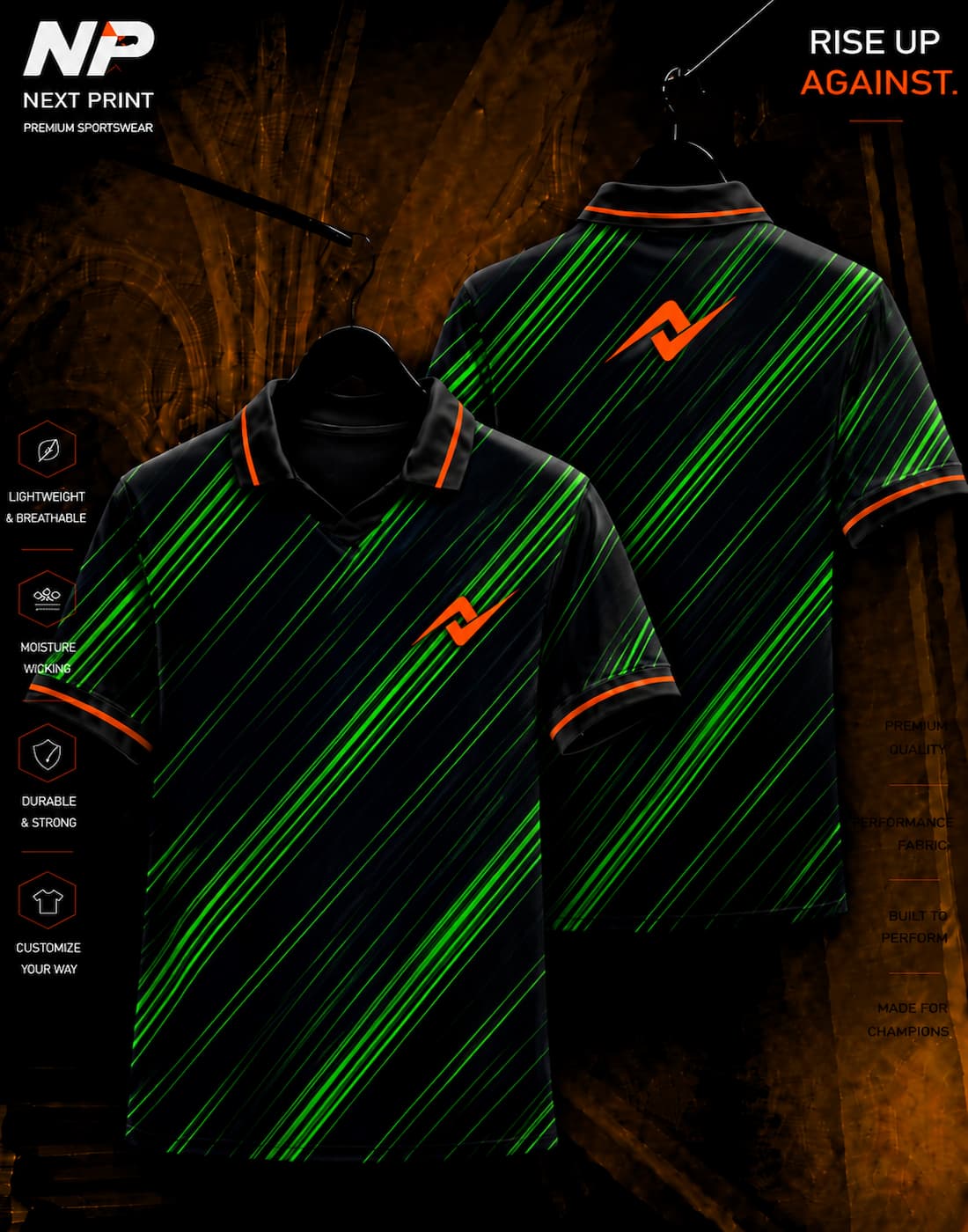 Neon green diagonal velocity lines black sublimation polo sports jersey front and back by Next Print