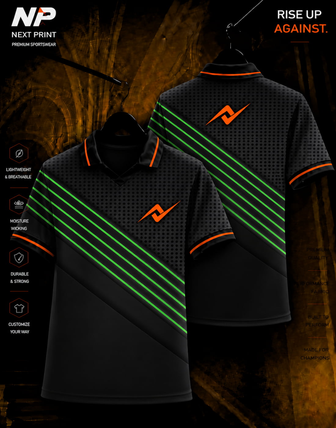 Neon green and black diagonal stripe custom polo sports jersey with Next Print logo, front and back view