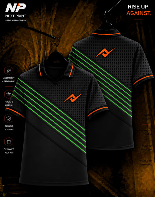 Neon green and black diagonal stripe custom polo sports jersey with Next Print logo, front and back view
