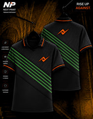 Neon green and black diagonal stripe custom polo sports jersey with Next Print logo, front and back view