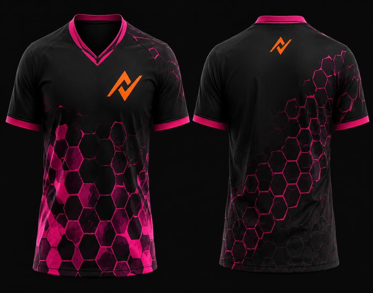 Front and back mockup of a black and neon pink V-neck esports jersey featuring hexagonal honeycomb graphics, orange chest logo, and back neck logo.