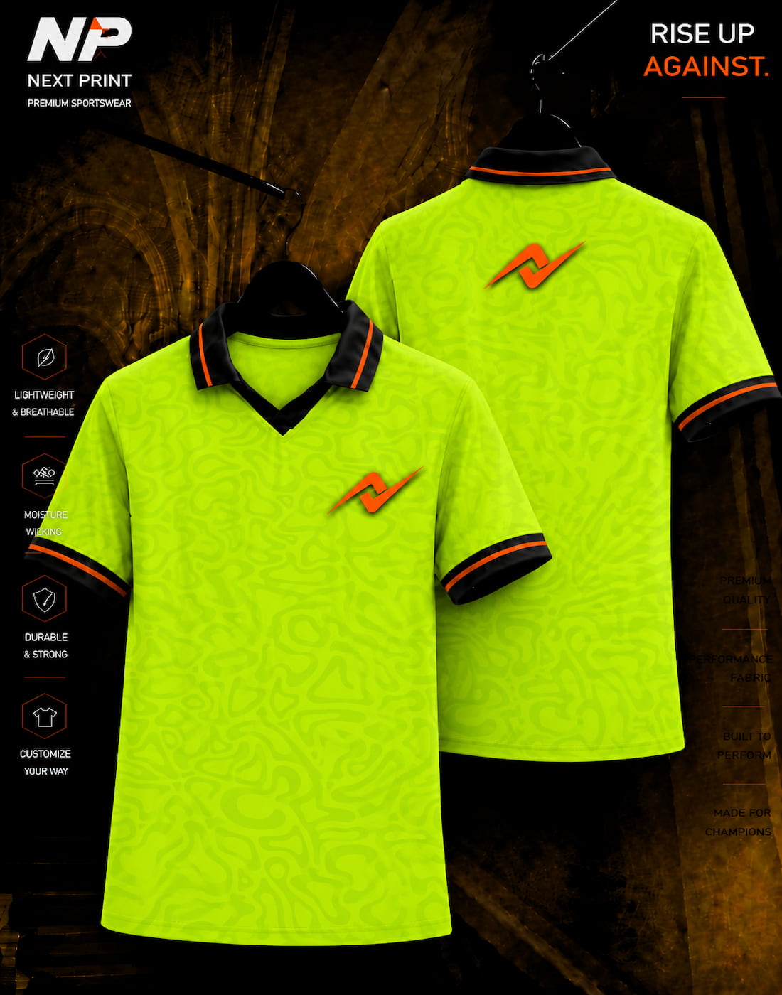 Neon lime green abstract camo polo sports jersey with black collar and orange accents by Next Print