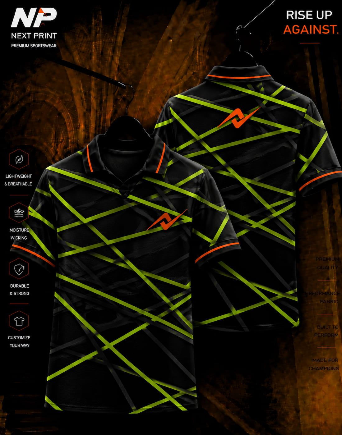 Neon lime green crossline black polo sports jersey front and back mockup by Next Print