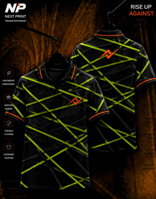 Neon lime green crossline black polo sports jersey front and back mockup by Next Print