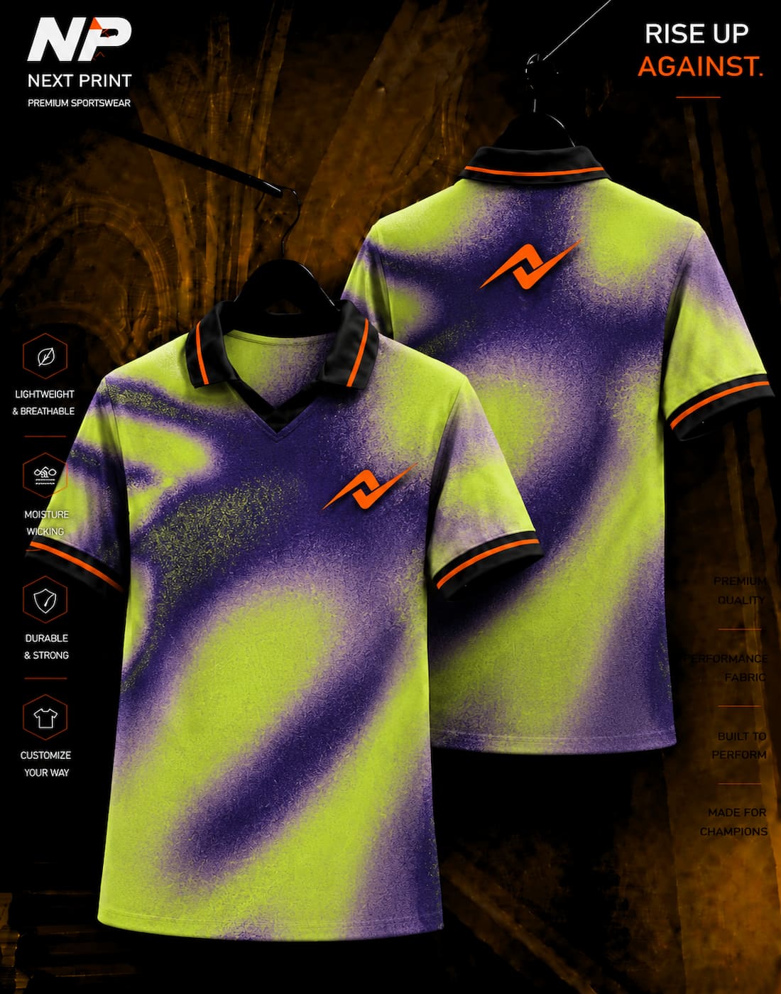 Neon lime green and purple abstract sublimation polo sports jersey front and back mockup by Next Print