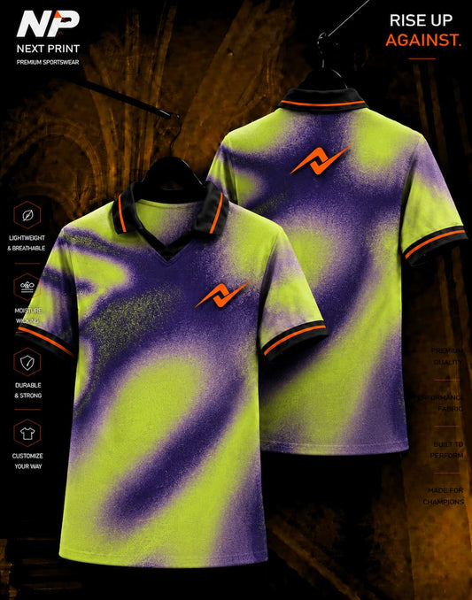 Neon lime green and purple abstract sublimation polo sports jersey front and back mockup by Next Print