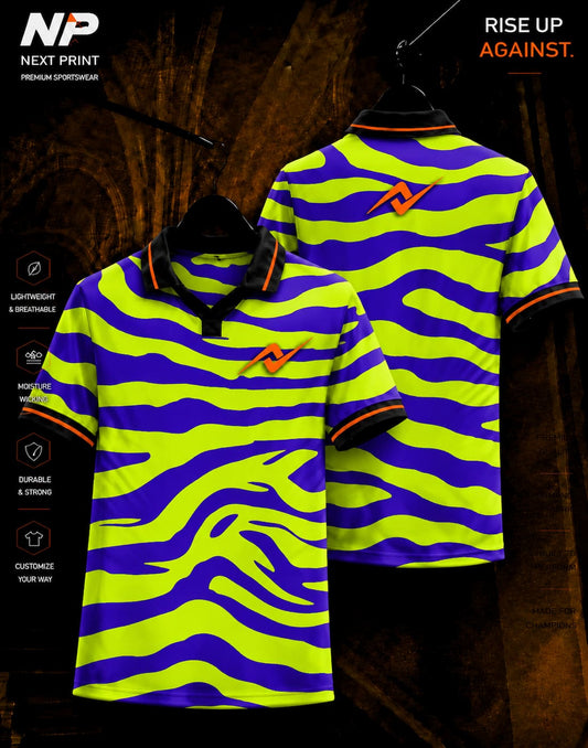 Neon lime and purple tiger wave sublimation polo sports jersey front and back design by Next Print
