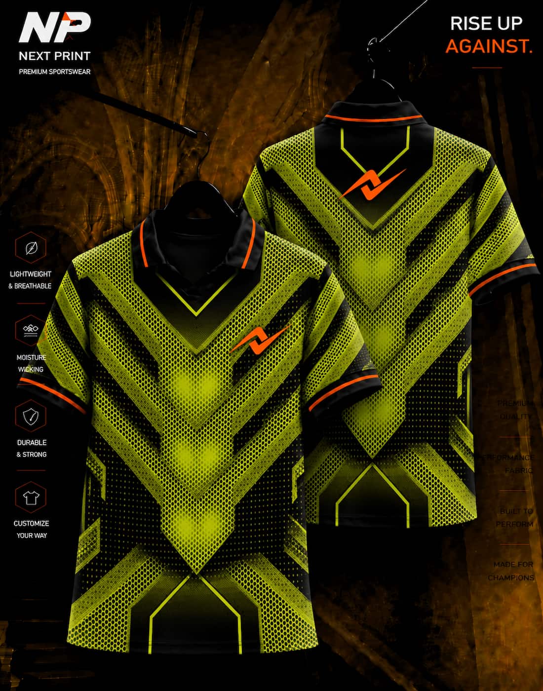 Neon lime green and black geometric sublimation sports jersey with polo collar by Next Print