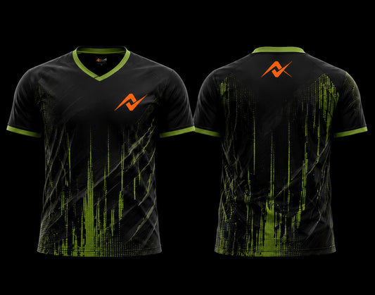Front and back view of a black and neon green V-neck esports jersey featuring digital glitch graphics with an orange logo on the chest and upper back.