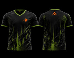 Front and back view of a black and neon green V-neck esports jersey featuring digital glitch graphics with an orange logo on the chest and upper back.