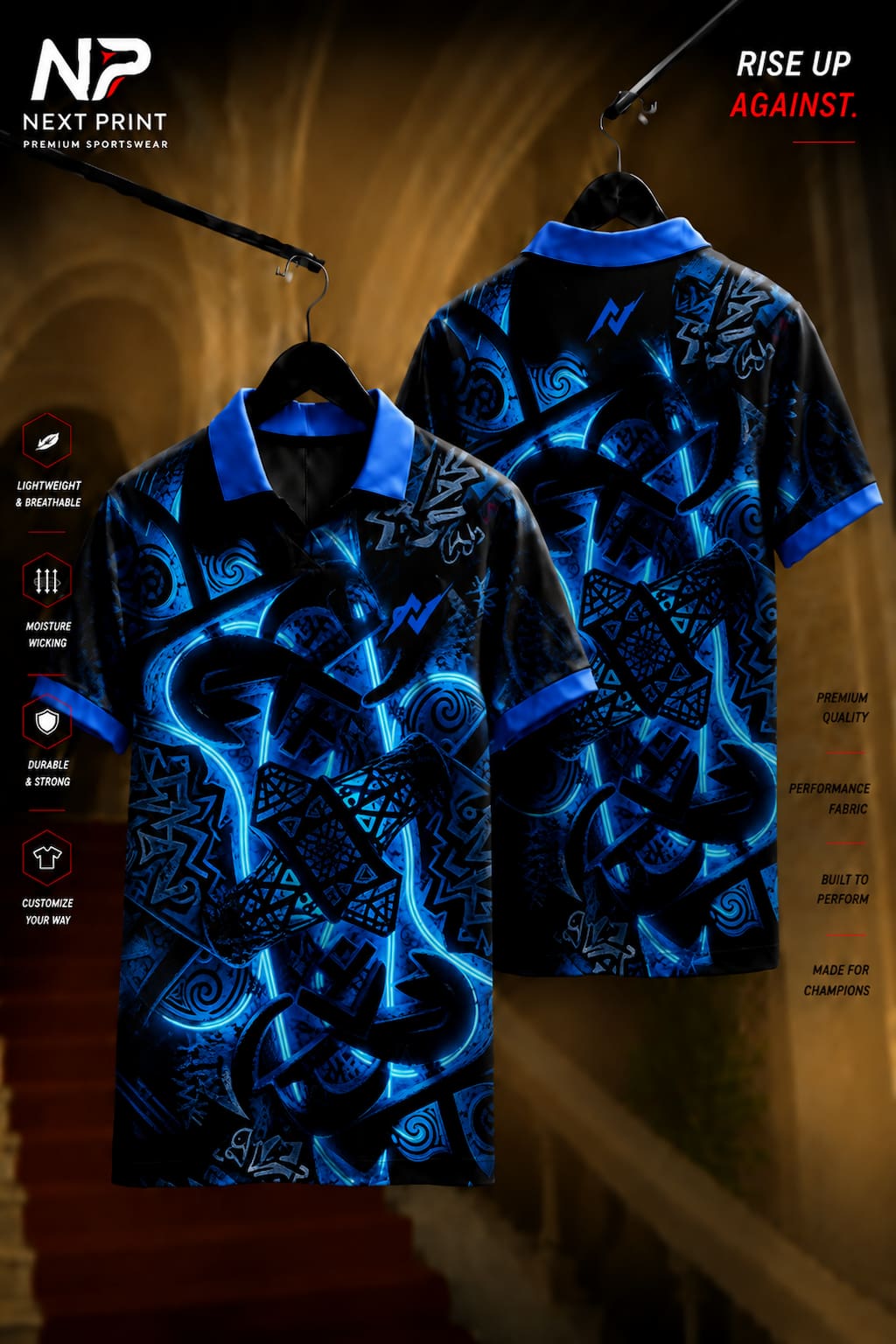 Black polo sports jersey with electric blue graffiti-inspired abstract graphics shown in front and back views, made from premium dry-fit performance fabric.
