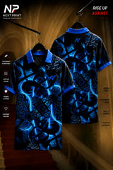 Black polo sports jersey with electric blue graffiti-inspired abstract graphics shown in front and back views, made from premium dry-fit performance fabric.