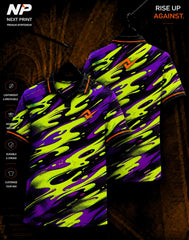 Neon slime purple green and black sublimation polo sports jersey by Next Print shown in front and back view