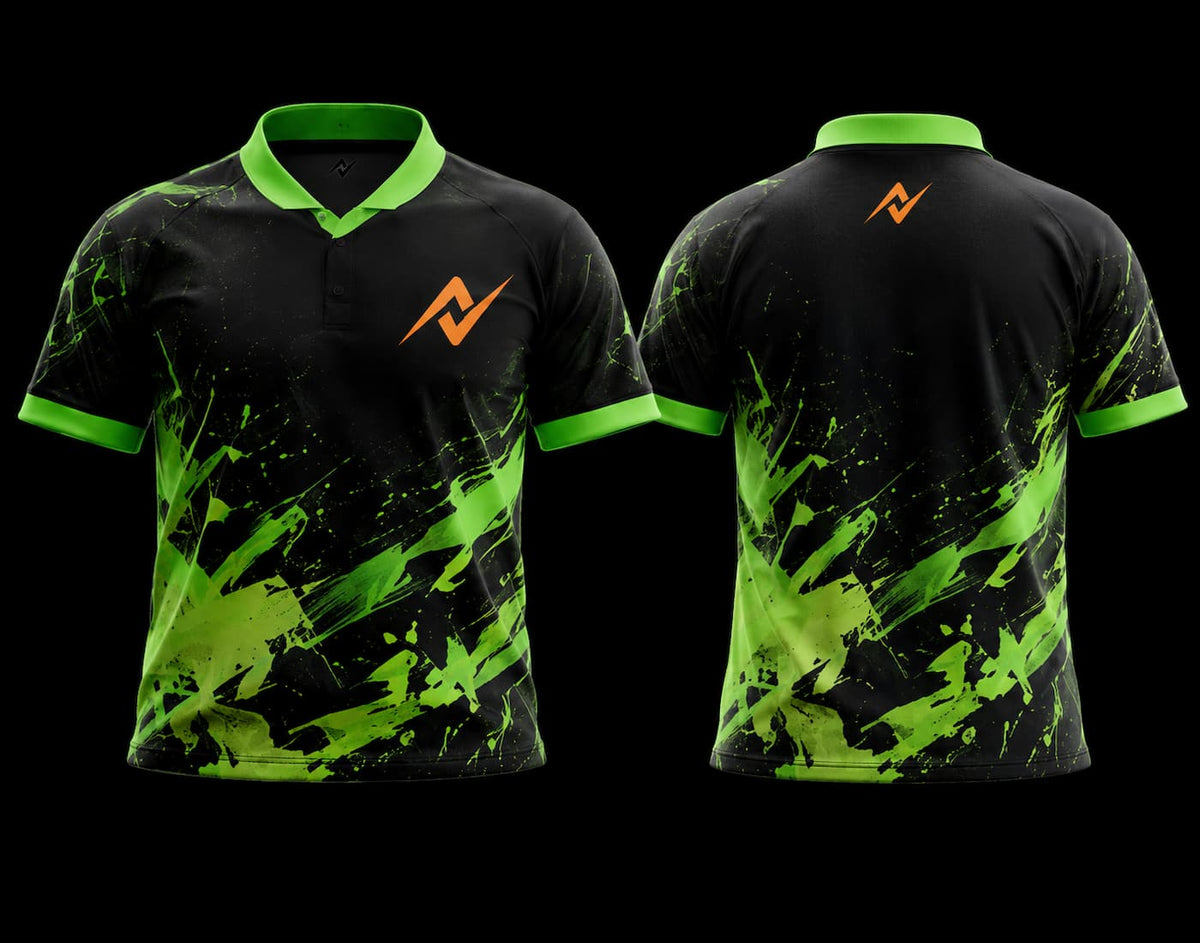 Black and neon green K-Pop esports jersey with abstract paint splash graphics, orange chest logo, and matching back neck logo shown in front and back view.