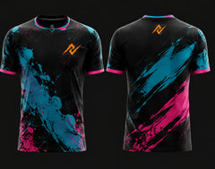 Front and back view of Neon Splash Free Fire esports jersey featuring black, cyan, and pink paint splash graphics with round neck collar and orange logo placement on chest and upper back neck.