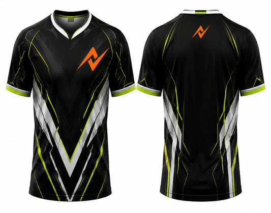 Black, white and lime green V-neck esports gaming jersey front and back with futuristic geometric design and orange team logo.