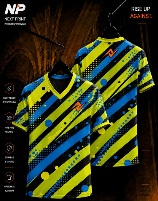 Neon Strike blue yellow and black diagonal stripe sublimation V-neck sports jersey by Next Print