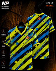 Neon Strike blue yellow and black diagonal stripe sublimation V-neck sports jersey by Next Print
