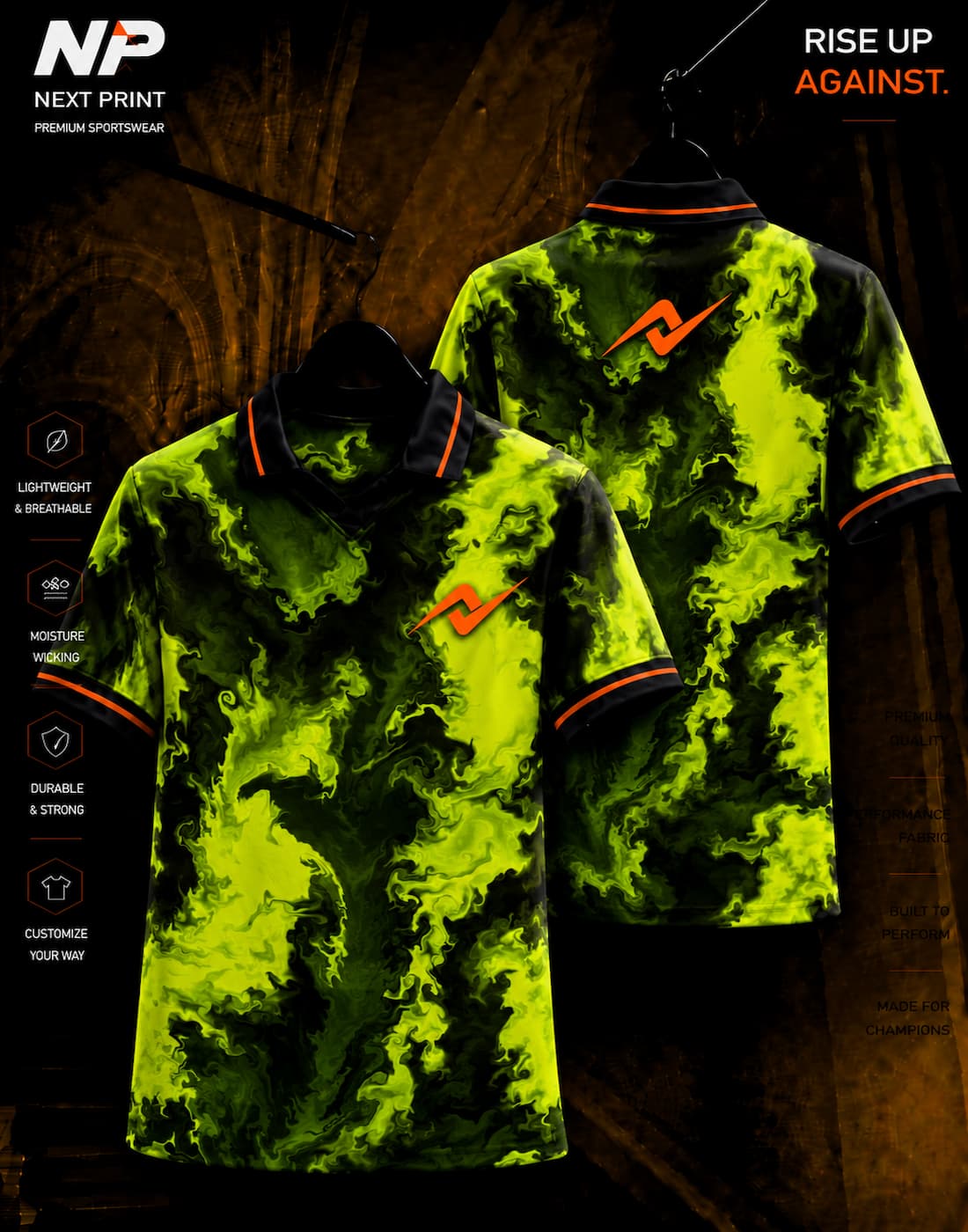 Neon toxic green and black liquid marble sublimation polo sports jersey front and back by Next Print