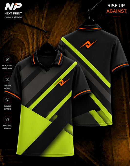 Neon Velocity black and neon green sublimation polo sports jersey front and back design by Next Print