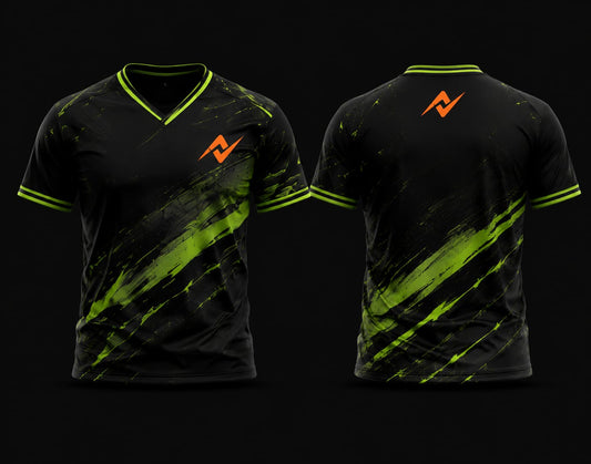 Front and back view of a black and neon green V-neck cricket jersey with dynamic brushstroke graphics, custom chest logo, and back neck logo.