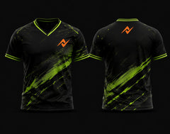 Front and back view of a black and neon green V-neck cricket jersey with dynamic brushstroke graphics, custom chest logo, and back neck logo.