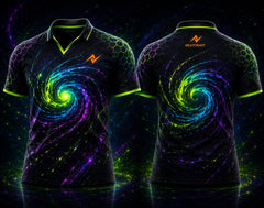 Front and back view of Neon Vortex black V-neck esports polo jersey featuring a glowing cosmic vortex design with neon green, cyan, and purple effects, side chest logo, and back neck logo placement.