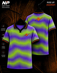 Neon wave purple and green sublimation polo sports jersey with custom Next Print logo, front and back view