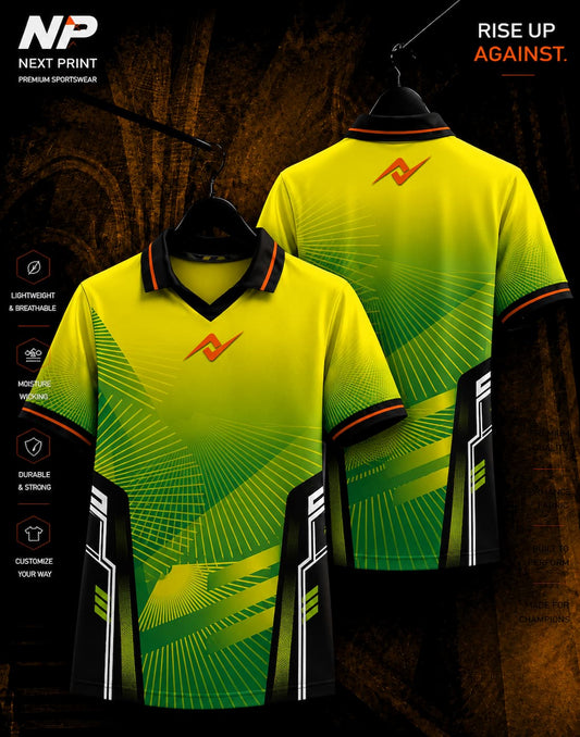 Neon yellow and green Radiant Wave sublimation sports jersey with geometric line graphics and Next Print logo