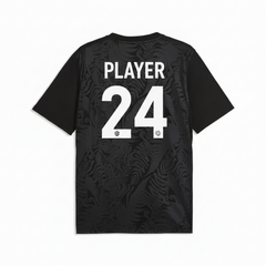Back view of New Zealand 2026 black football fan jersey with tonal abstract tribal pattern design