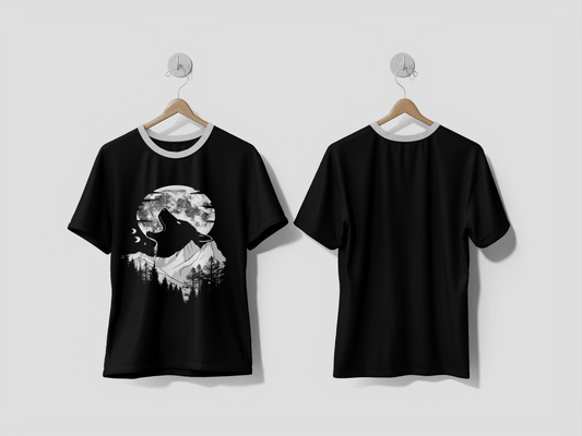 NEXT PRINT A black and white flat illustration of a howling wolf with full moon and forest on mountains design t-shirt - Next Print
