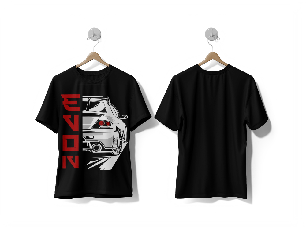 Next Print A black and white T-shirt with a Japanese drift car that says evo on it - Next Print