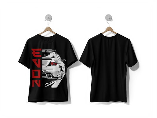 Next Print A black and white T-shirt with a Japanese drift car that says evo on it - Next Print
