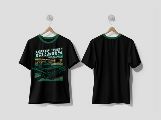 Next Print A bold retro inspired illustration featuring a classic muscle car speeding through an urban town design t-shirt - Next Print