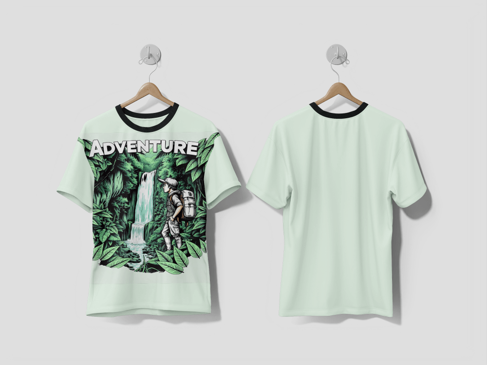 Next Print A boy with a backpack admires a waterfall in the jungle Adventure tourism concept design Printed T-shirt - Next Print