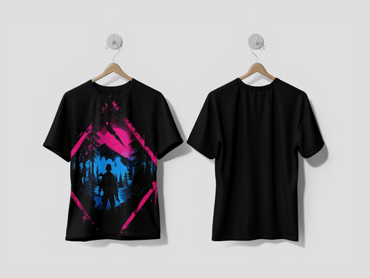 NEXT PRINT A poster for a movie called a forest with a mountain landscape in the background T-shirt Design - Next Print