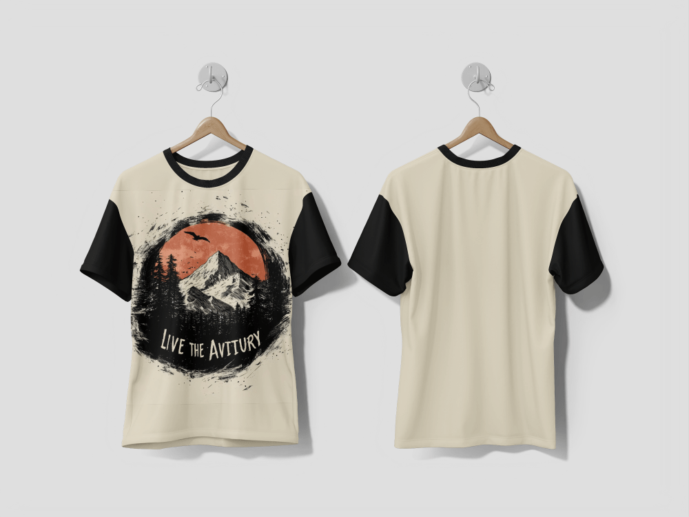 Next Print A stylized mountain landscape with trees and a bird promoting an adventurous lifestyle design Printed T-shirt - Next Print