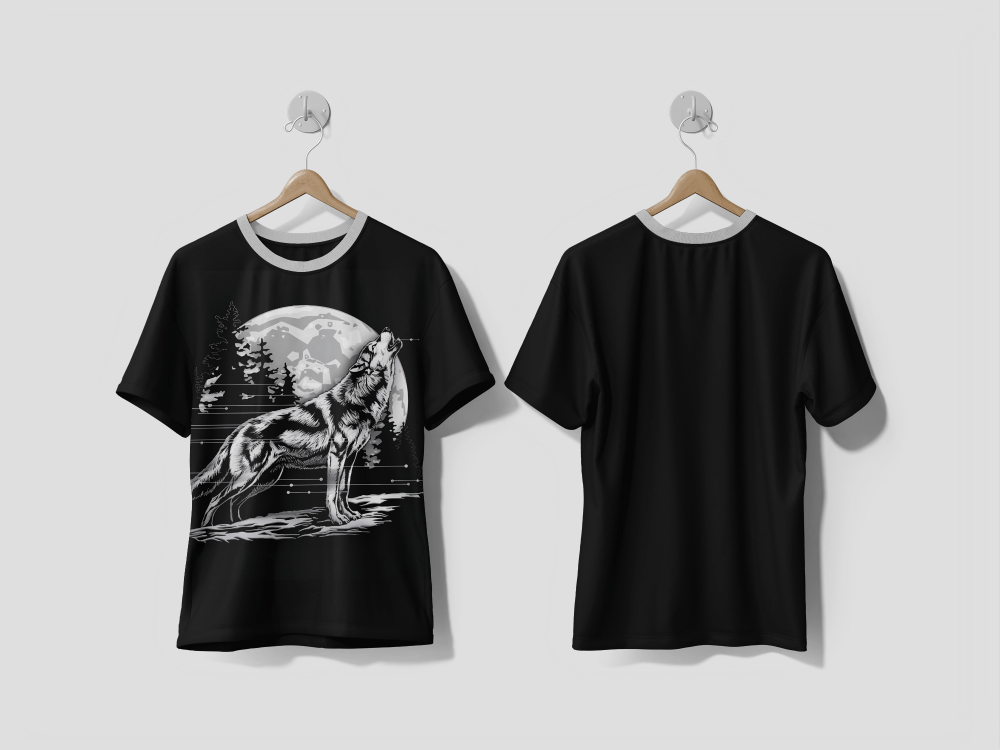 NEXT PRINT A wolf is standing on a tree branch with the moon in the background design printed t-shirt - Next Print