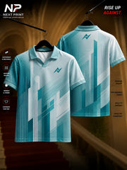 Front and back view of an aqua blue and white polo collar V-neck cricket jersey with modern vertical techline graphics by Next Print.