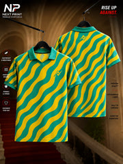Next Print aqua wave polo collar V-neck dry-fit sports jersey with front and back view in premium performance fabric.