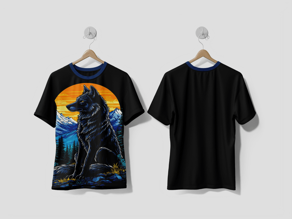 NEXT PRINT Arafed wolf sitting in front of a mountain with a sunset design t-shirt - Next Print